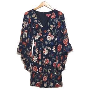 Betsey Johnson Bambi Floral Mini Dress V Neck Bell Sleeve Ruffle Hem Blue 6